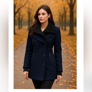 NWOT! Mackage Isabel Blue/Black Wool Cardigan/Coat/Jacket Ribbed Collar Small